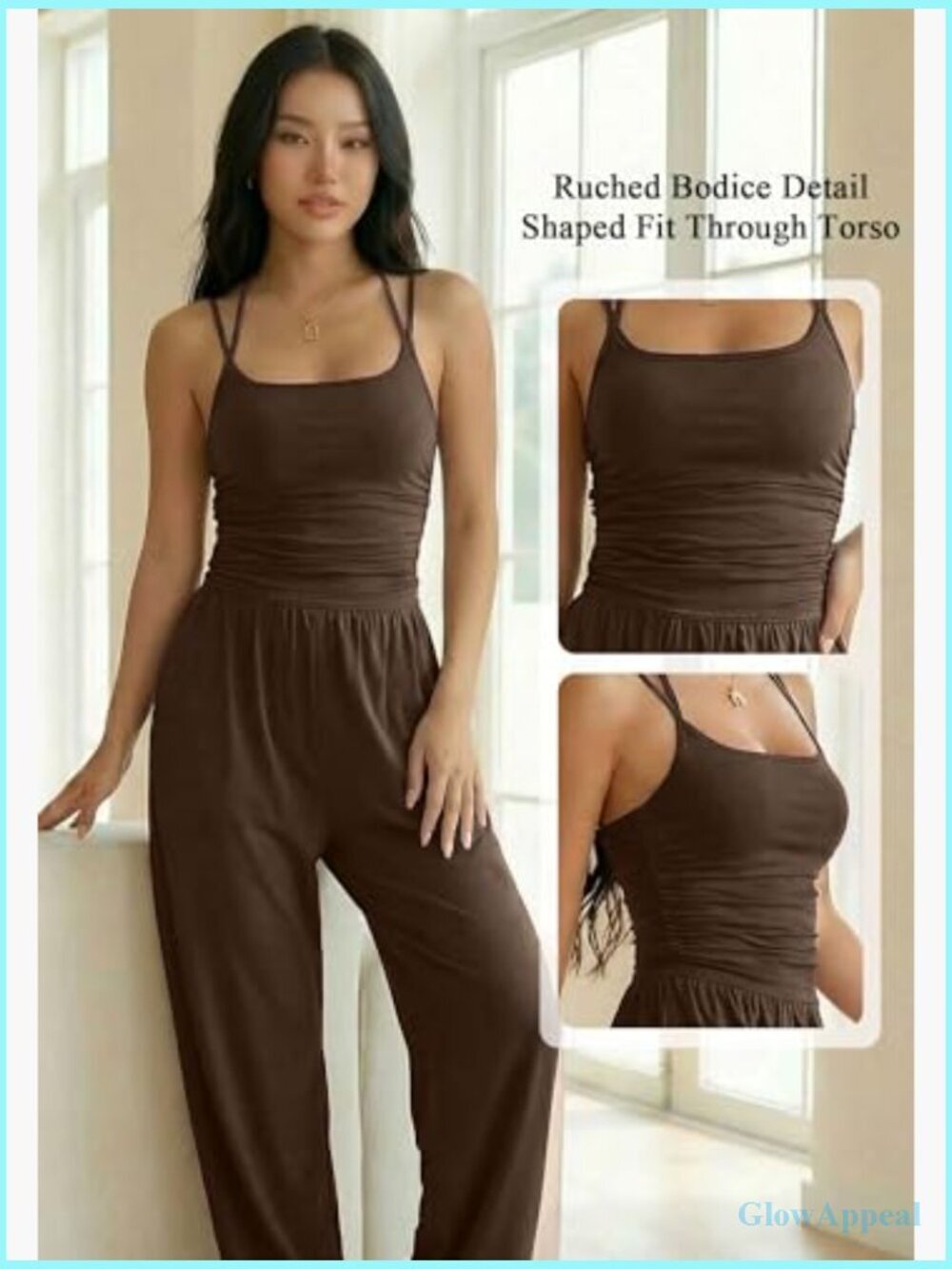 Wide Leg Jumpsuit Backless Spaghetti Strap Ruched Bodice Stretch One Piece - Picture 4 of 7